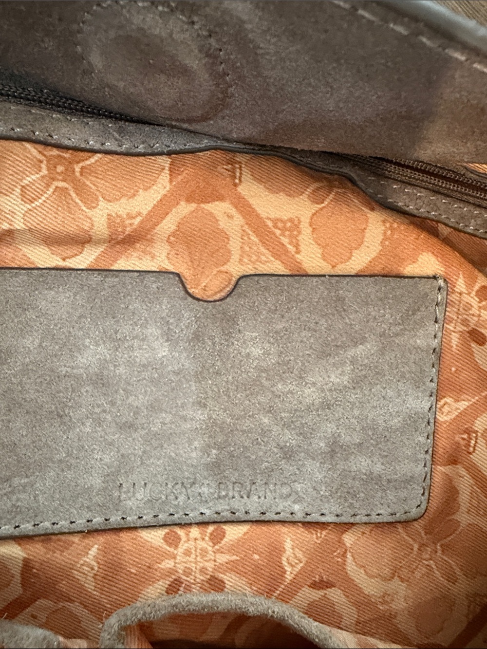 Lucky Brand Men’s Suede Shoulder Bag in Gray with Orange Lining